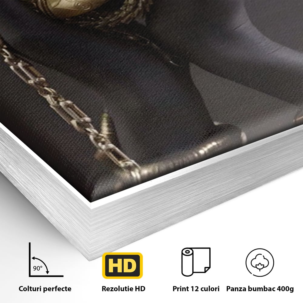 Detaliu al suprafetei: tablou canvas cu maini negre si bijuterii aurii, in rama de aluminiu argintiu